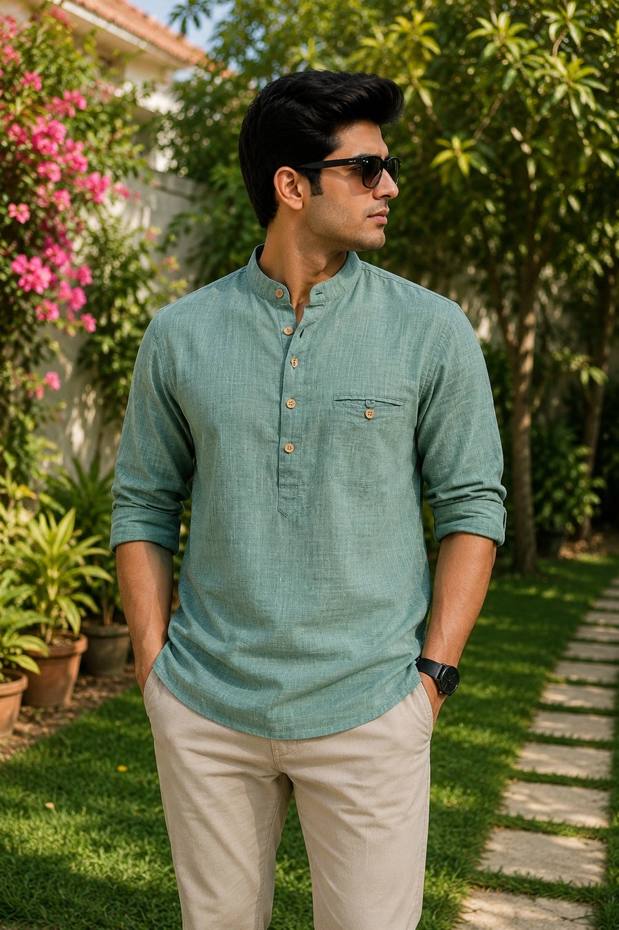 Sage green plaid linen cotton shirt