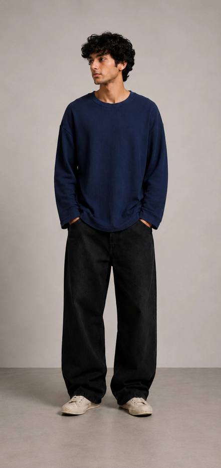 Navy waffle knit full sleeve tee